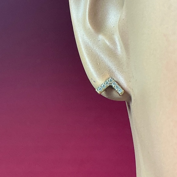 Sterling Silver V shaped stud earrings with clear stones gold tone - Picture 2 of 6